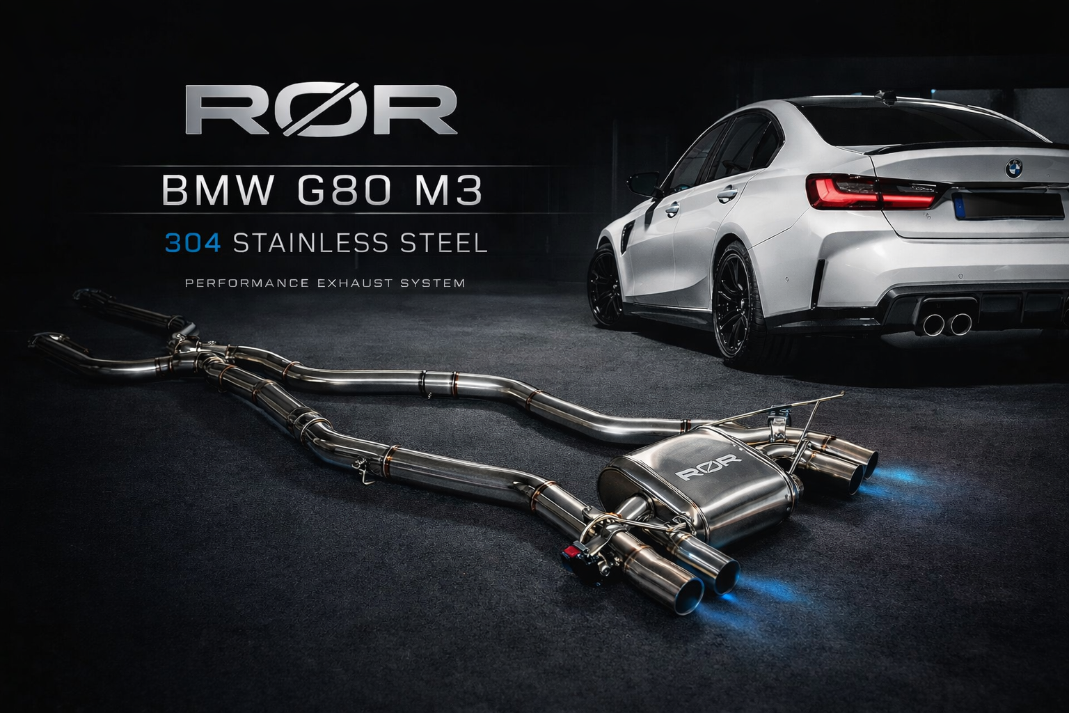Existing ROR catalogue artwork showing the G80 M3 and its exhaust system
